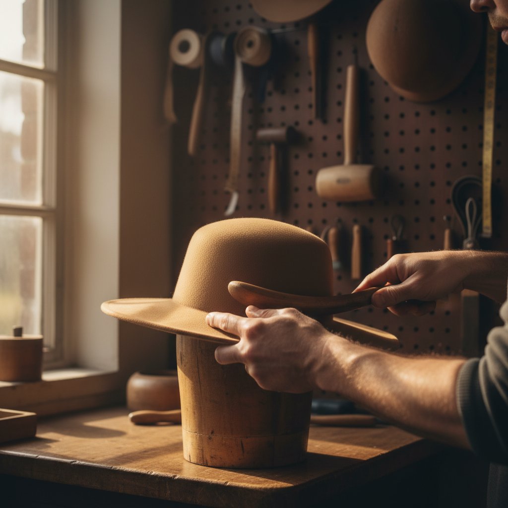 Handcrafted felt hat on wooden hat block in London millinery workshop